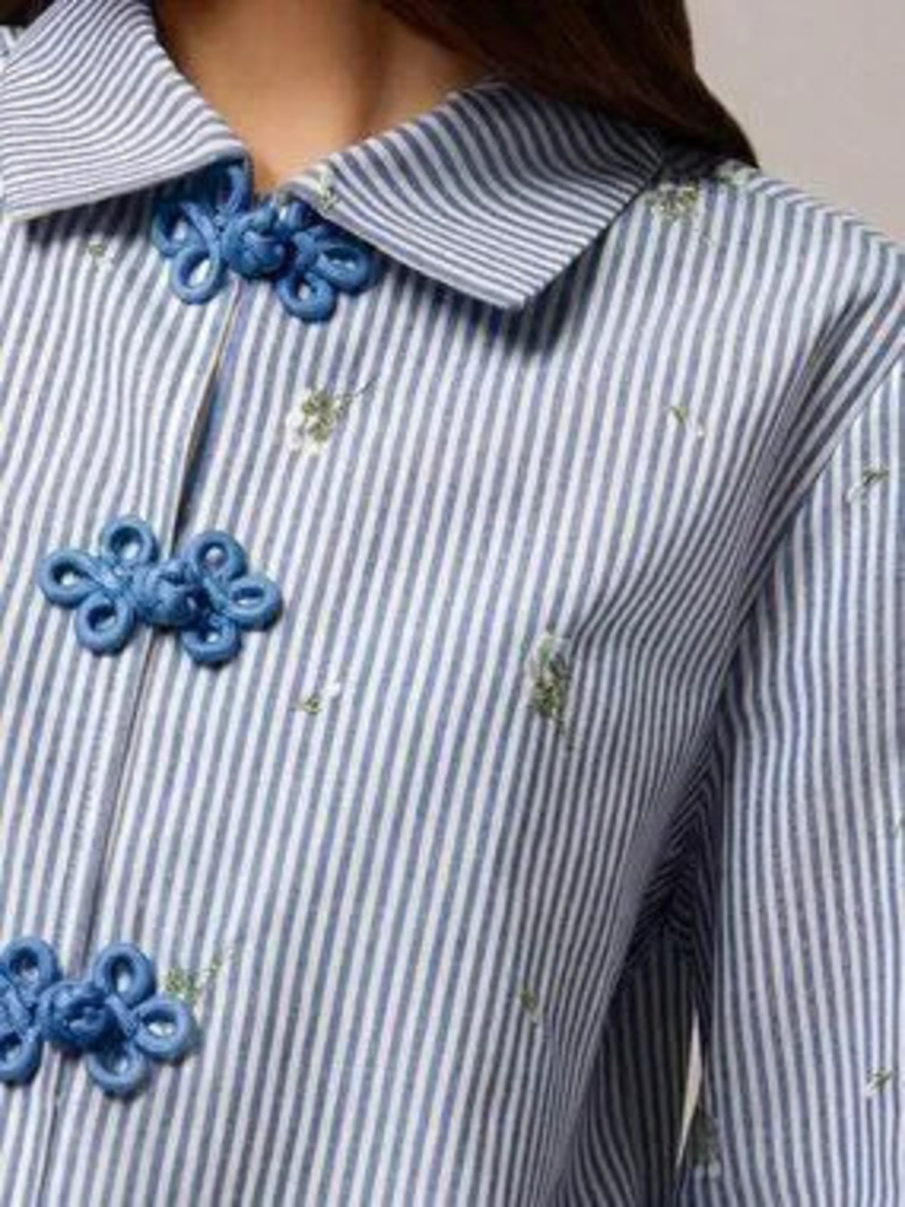 Blue Casual Women's Blouse with Chinese Buttons, Contrast Stripes, Floral Print